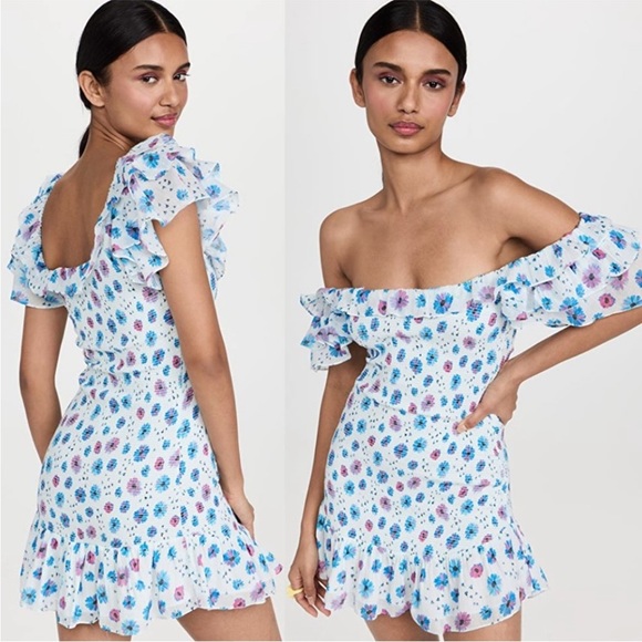LoveShackFancy Dresses & Skirts - LoveShackFancy Kodie Floral Printed Smocked Off Shoulder Ruffle Mini Dress Sz M